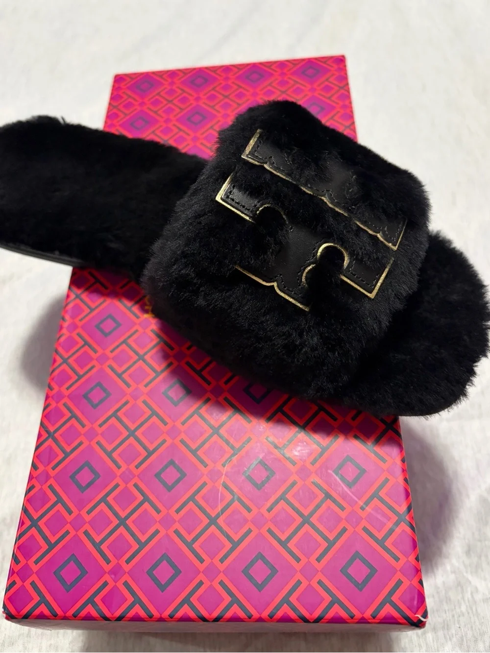 Tory Burch Black Faux Fur Slide with Gold Logo